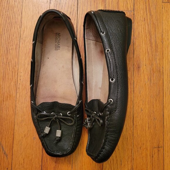 Michael Kors Black Leather Loafers Driving 8.5M Boat Shoes Moc Toe AMBER - Picture 1 of 9